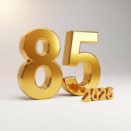 3d render of shiny gold number 85 on white background with shadowの写真素材