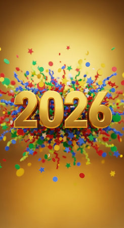 Happy New Year. 3D illustration. Golden number 2026 on a colorful background.