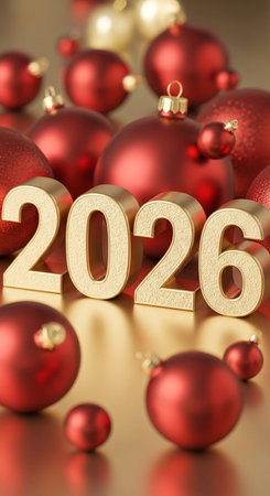 Happy New Year 2026 with red christmas balls. 3D Rendering