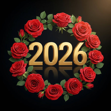 Happy New Year card with red roses on dark background. Vector illustration.