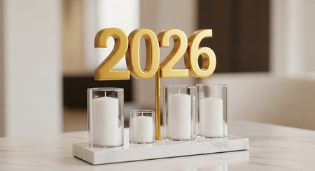 New Year 2026 with candles on white marble table, 3d render