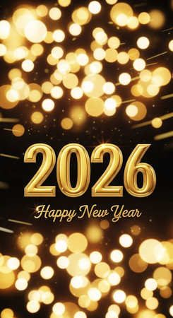 Happy New Year 2026 with golden bokeh lights background. Vector illustration.