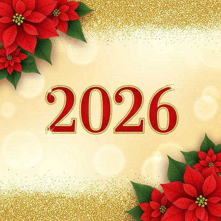 Christmas background with poinsettia and snowflakes. Vector illustration.