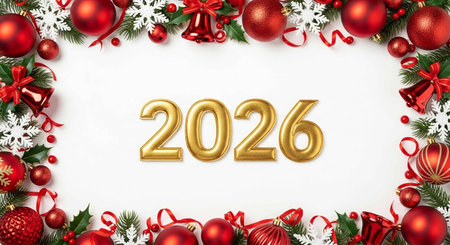 Happy New Year greeting card with Christmas tree branches and red baubles.
