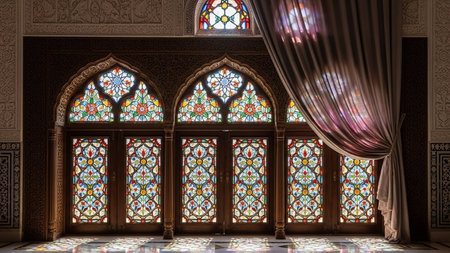 A stunning interior view showcases multiple arched stained glass windows and doors adorned with intricate geometric and floral patterns, through which sunlight streams, casting vibrant colorful reflections onto the polished floor, complemented by an elegant draped curtain.の写真素材