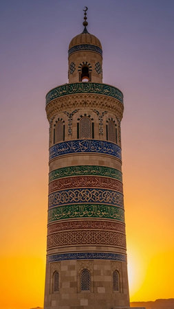 A beautifully detailed minaret of a mosque, adorned with colorful Islamic calligraphy and intricate geometric patterns, stands tall against a vibrant gradient sky during sunset or sunrise.の写真素材