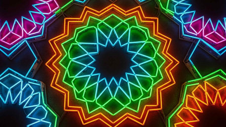 Neon kaleidoscope abstract background. Beautiful kaleidoscope seamless pattern.の写真素材