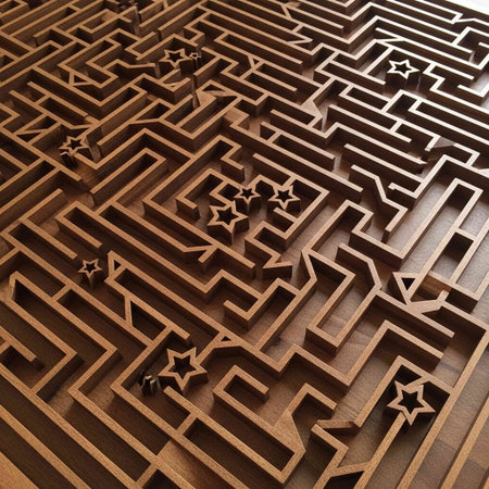 Maze with stars on a wooden surface. 3d illustration.