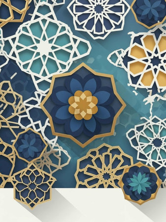 3d illustration of islamic geometric pattern on blue background.の写真素材