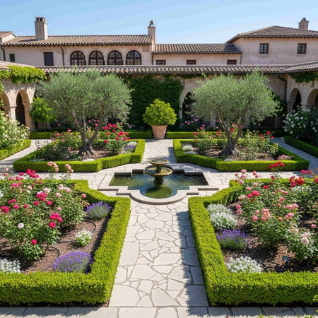 Beautiful landscaped garden with flowers and fountain in the foreground.