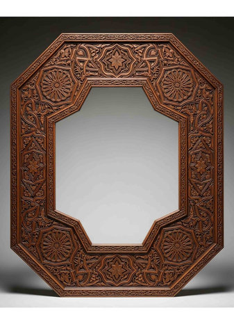 Wooden frame with ornament on a gray background. 3d rendering