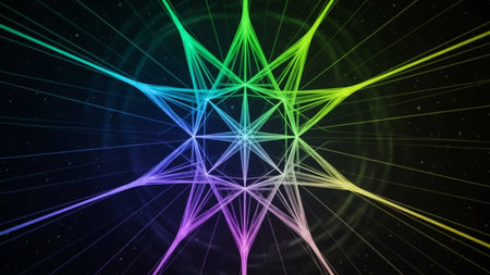 3d illustration of abstract geometric background with glowing particles in space.の写真素材