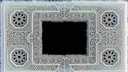 Arabic window frame with arabic pattern on a black backgroundの写真素材
