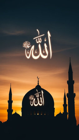 Ramadan Kareem greeting card with mosque silhouette and calligraphyの写真素材