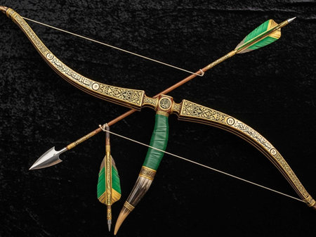 Wooden bow and arrow on a black background, close-upの写真素材