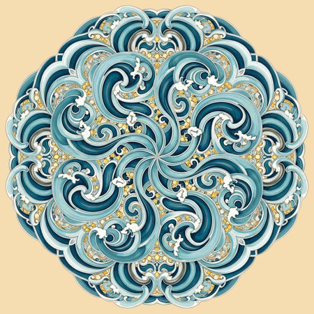 Illustration of a turquoise and blue mandala on a beige background