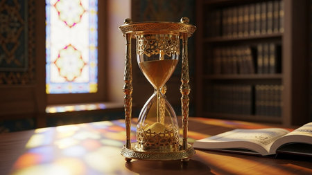 Hourglass on the table in the mosque. Conceptual image.