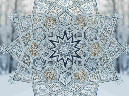 Abstract snowflake on the background of the winter forest. 3D illustration