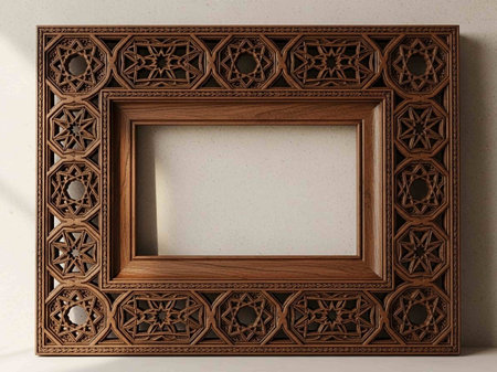 Wooden photo frame on the wall. 3D rendering. Computer digital drawing.