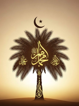 Illustration of Arabic Calligraphy of Ramadan Kareem on Palm Tree