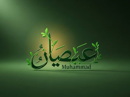 Eid al-Adha Mubarak typography with green leaf background