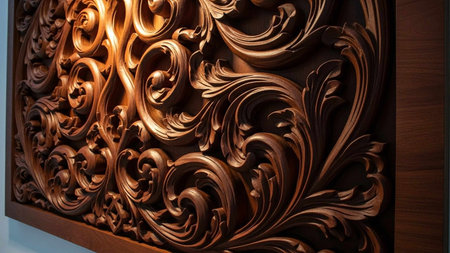 Beautiful wood carving in the form of a flower on the wallの写真素材