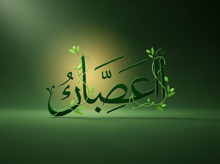 Eid al-Fitr Islamic calligraphy with green leavesの写真素材