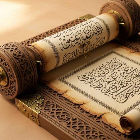 Old scroll of the holy Quran on a wooden background. Selective focus.