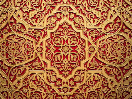 Golden ornament on a red wall in the form of a latticeの写真素材