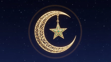 Ramadan Kareem greeting card with golden crescent moon and starの写真素材