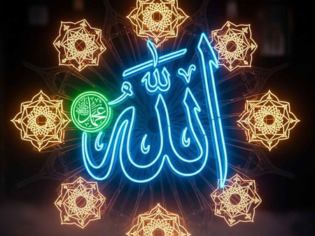 Neon sign in Arabic on black background.の写真素材