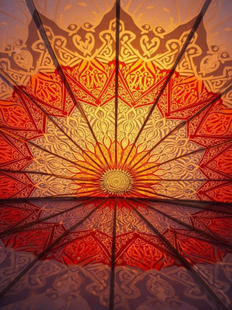 Colorful umbrella pattern on the ceiling of a temple in Thailand.の写真素材