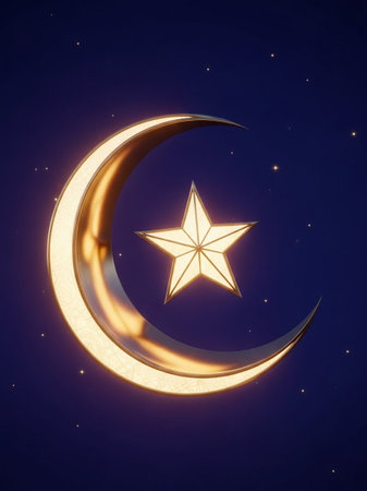 Ramadan Kareem greeting card with golden crescent moon and starの写真素材