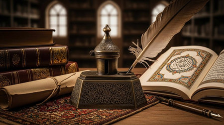 Old books, quill pen and inkwell on a wooden table