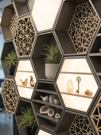 Wooden shelf with decorative elements in the interior of a modern officeの写真素材