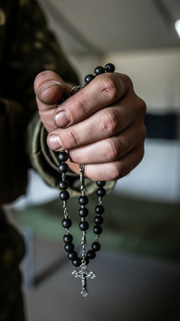 Person praying with rosary beads. Selective focus.の写真素材