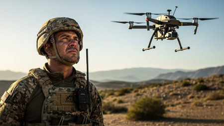 Portrait of soldier operating drone while standing in desert against blue skyの写真素材