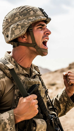 Portrait of a soldier screaming while holding assault rifle at war siteの写真素材