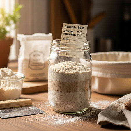 Wheat flour in a glass jar on a wooden kitchen table.の写真素材