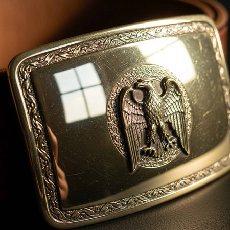 Closeup of a golden belt with the image of an eagle.の写真素材