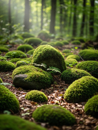 Green mossy stones in the forest. Selective focus. Nature.の写真素材