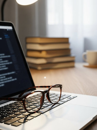 Glasses on a laptop with a computer on the background of booksの写真素材