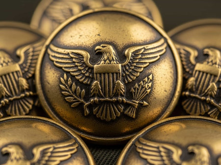 Close-up of a military coat of arms. Selective focus.の写真素材