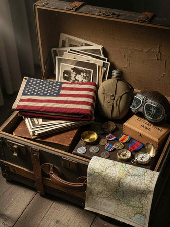 Vintage travel suitcase with american flag, map, compass and other itemsの写真素材