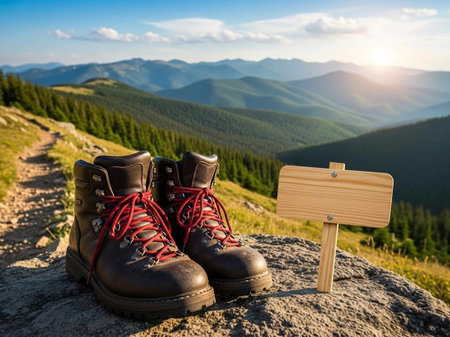 Hiking boots with a wooden sign on the top of the mountainの写真素材