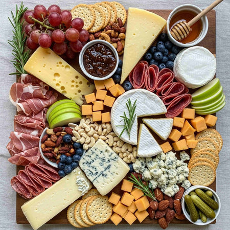 Cheese platter with different types of cheese, ham, salami, olives, nuts, grapes and honey.の写真素材