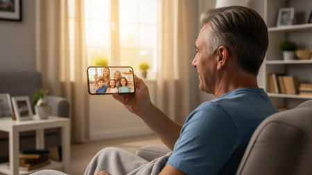 Elderly man using video call with his family at home.の写真素材