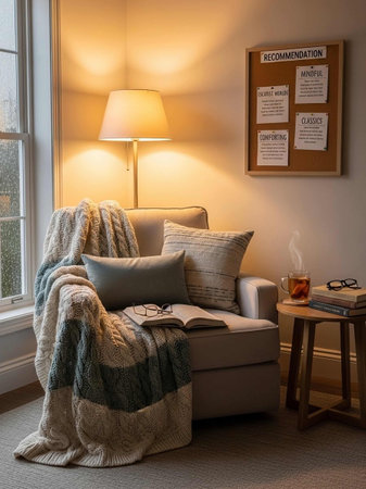 Cozy living room interior with armchair, plaid, coffee table, book and lamp.の写真素材