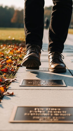 Close-up of man's feet standing on the crosswalk in autumn parkの写真素材
