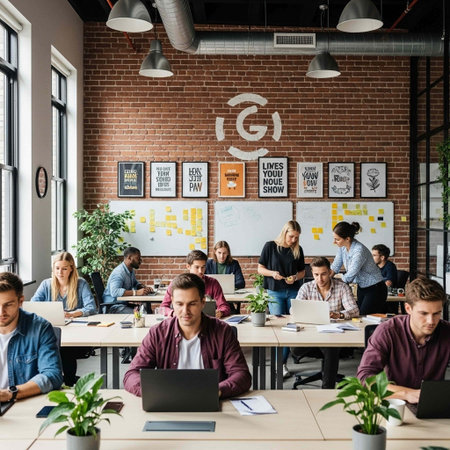 Group of business people working together in a modern office with brick wallsの写真素材